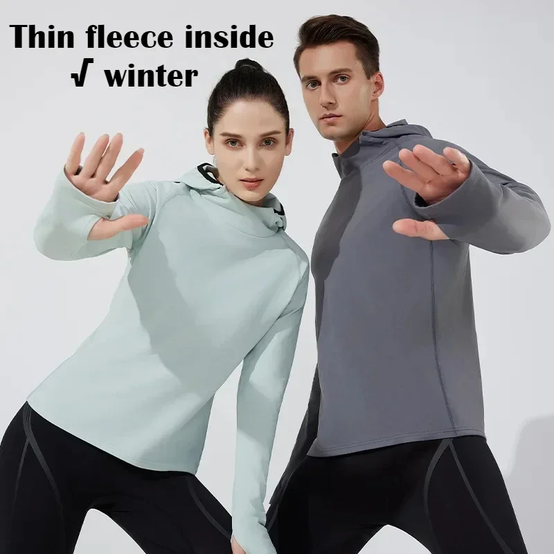 

Autumn Winter Marathon Running Training T Shirt Plush Hooded Long Sleeve Sport Sweatshirt Thumb Holes Full Sleeve Length Tops