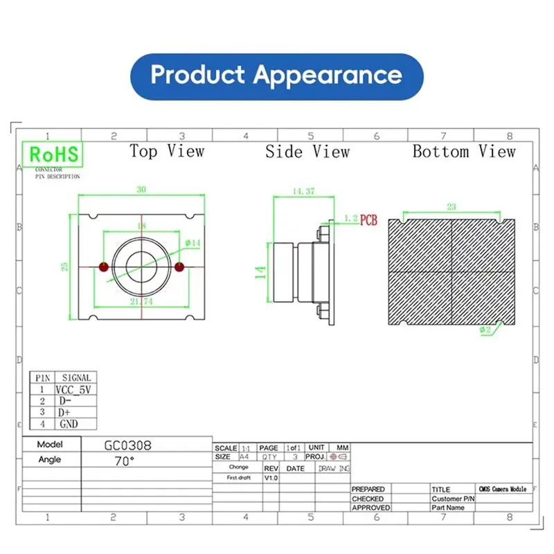 ABJF-USB 2.0 UVC Camera Module Fixed 70° Lens 3.4Um Pixel 5V 32X25mm For Scanning/Face ID/Industrial