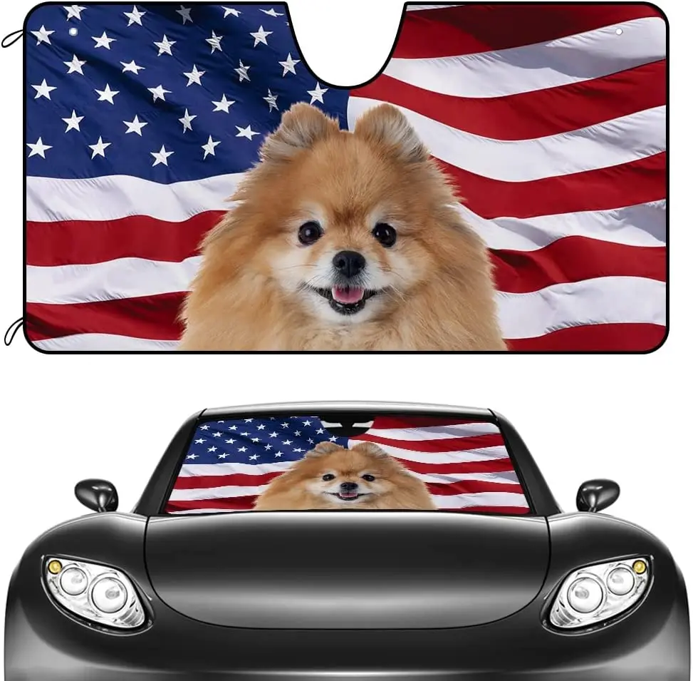 

CafeTime Dog Car Front Windshield Sunshade Pomeranian Spitz American US Flag Patriotic Vehicle Sun Shade Visor UV Ray Reflector