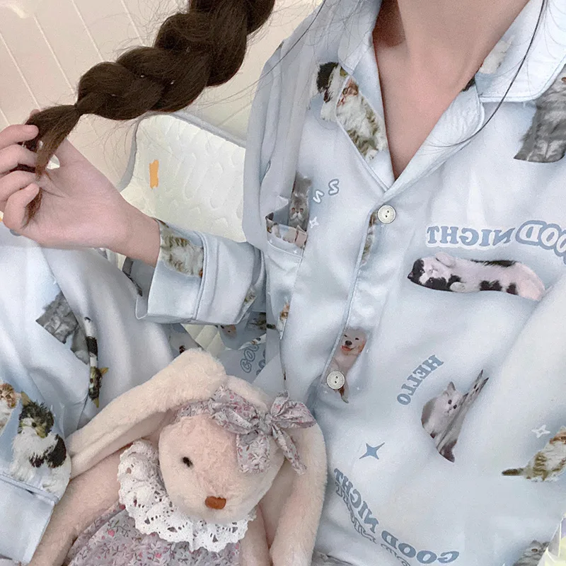 Spring Autumn Blue New Cartoon Cat Pajamas Cute Long Sleeve Pijamas Lapel Cardigan Home Clothes Kawaii Korean Ice Silk Pajama