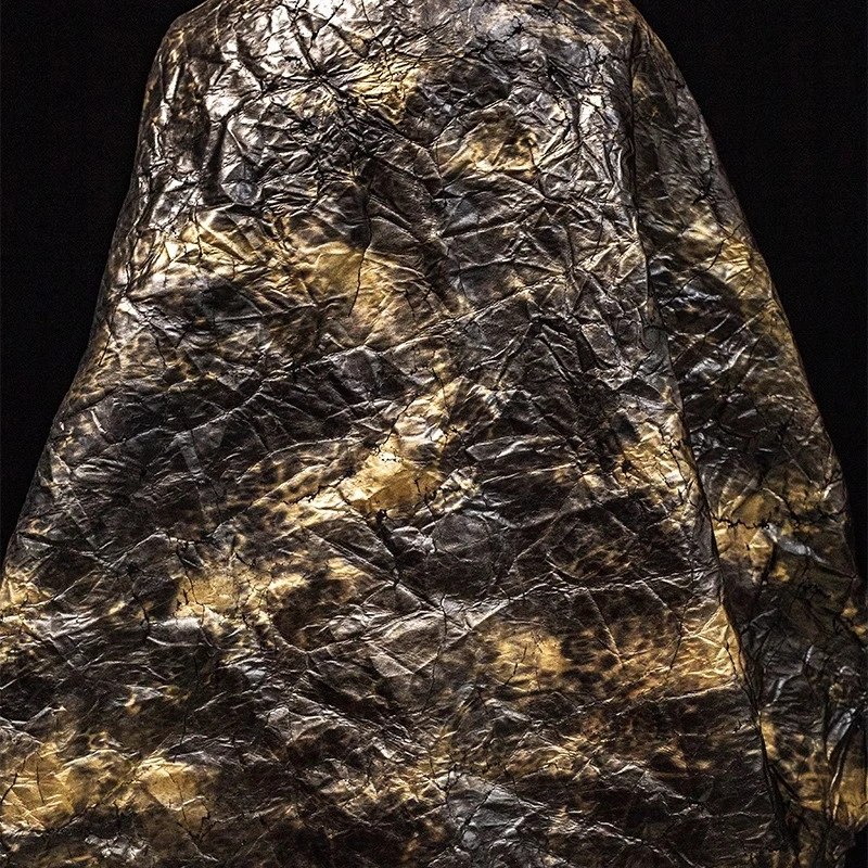 

Black Gold Gradient Cracked Leather Wrinkled Rock Texture Oversized Silhouette Fabric Aged Stiff Material Dress Sewing Designer