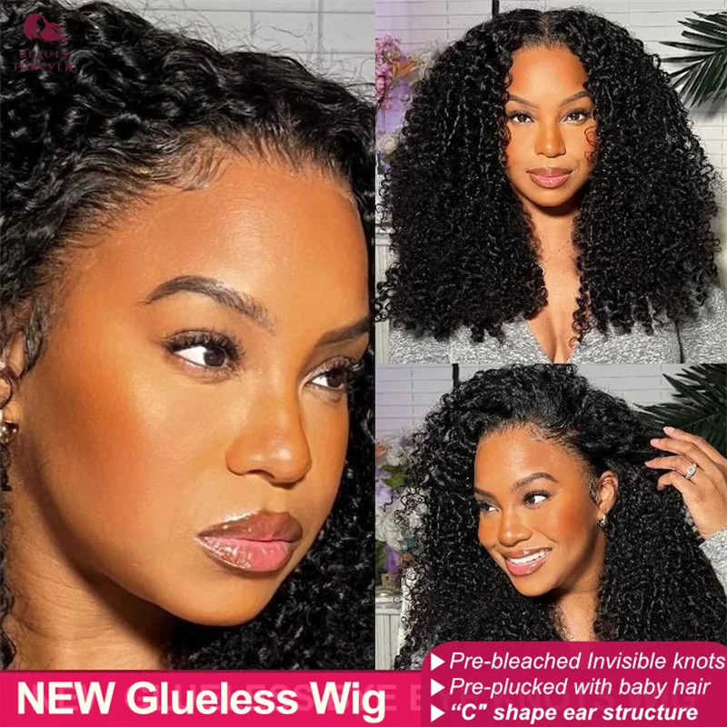 

Density 200% Kinky Curly Glueless Preplucked Human Wigs Bye Bye KNOTS Brazilian Lace Front Human Hair Wig With Baby Hair