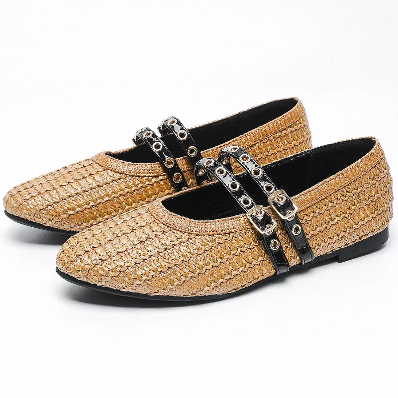 

Weave Flats Mary Jane Shoes Women Belt Buckle Round Toe Casual Comfort Soft Sole Non-slip Fashion Ballet Shoes Zapatos De Mujer