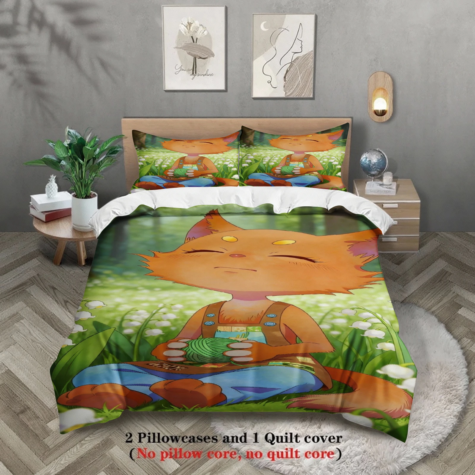 Green Bedding Set Softville Cozy Town Cute Fern the Quilt Fox With Duvet Cover & Pillowcase For Children's Bedroom Decor