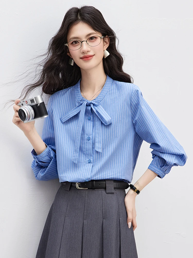 

Женская синяя полосатая блузка с длинным рукавом, весна 2026, модная, приталенная, универсальная, с завязками, повседневная одежда