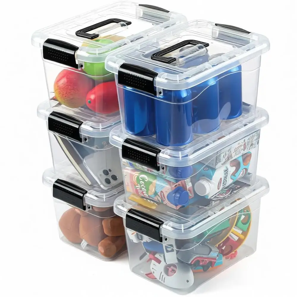 

Набор из 6 прозрачных контейнеров для хранения объемом 7 кварт с крышками и ручками-защелками для дома, офиса, организации хранения в кладовой