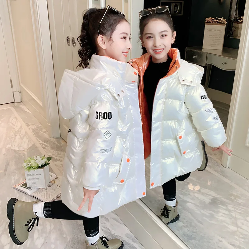 Winter Down Jacket For Girls Coat Fashion Shiny Waterproof Hooded Children's Outerwear 5-12 Years Teenagers Kids Parka Snowsuit