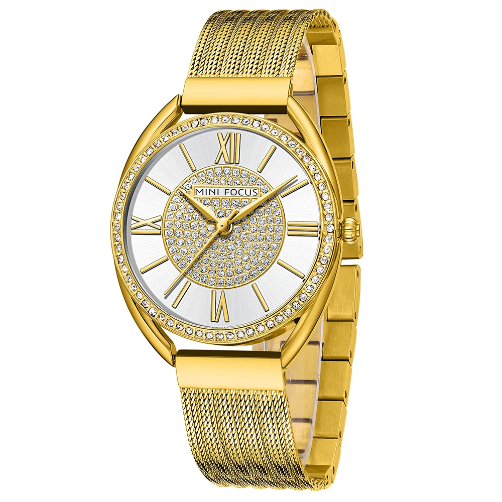 MINIFOCUS Women's Luxury Diamond-Set Watch, Japanese Quartz Movement Stainless Steel Mesh Bracelet Elegant Fashion Wristwatch