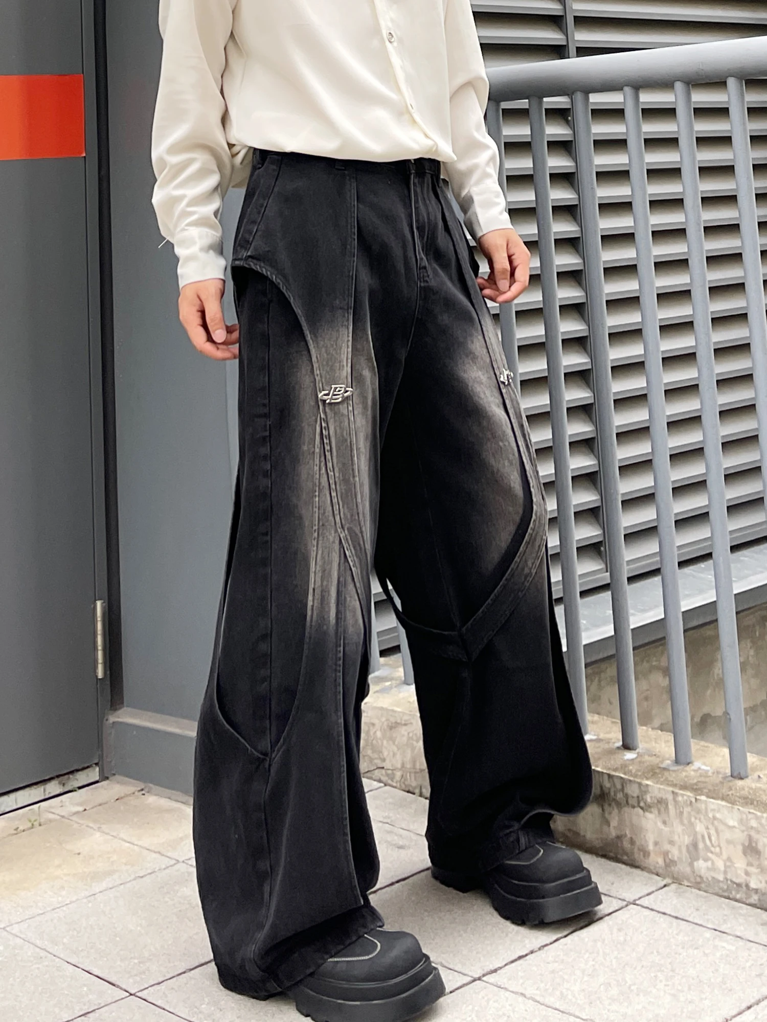American Retro High Sense Gradual Change Splicing Black Jeans Men's Design Sense Trend Loose Scimitar Pants