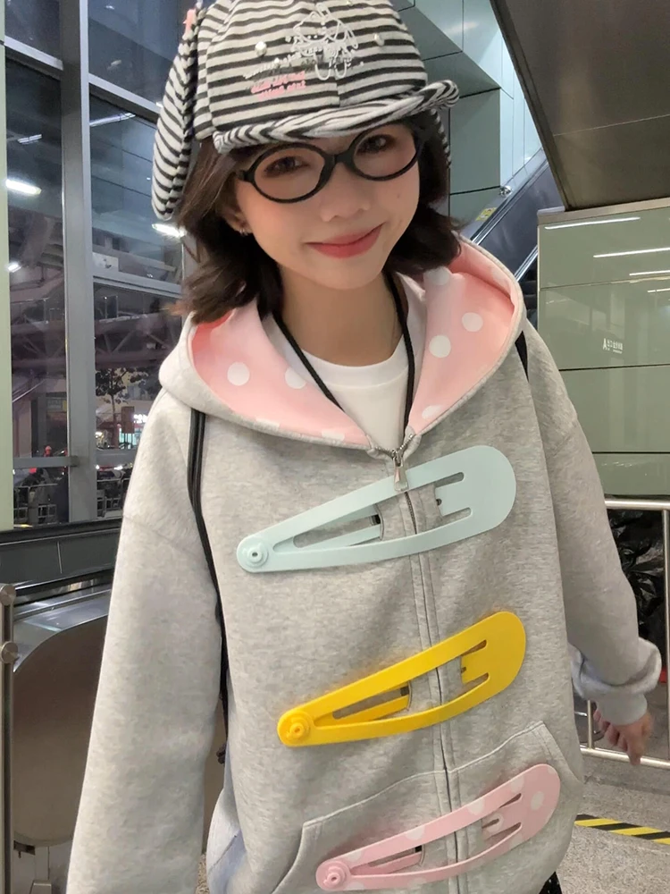 

Американская ретро-куртка с отстегивающимся капюшоном, женская, весна-осень, новая, на молнии, кардиган, милый топ с длинными рукавами, свитшот