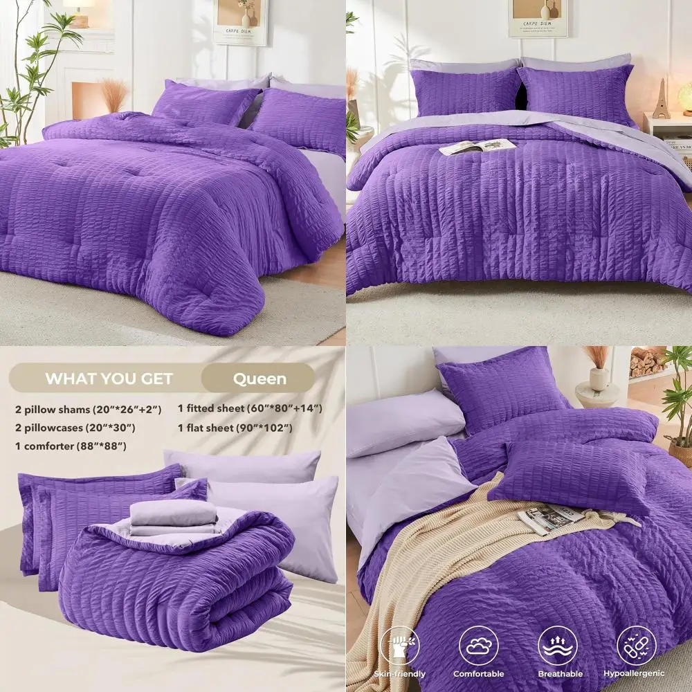 

Комплект постельного белья из 7 предметов из ткани сирсакер: размер Queen, всесезонный комфорт с одеялом, простынями, наволочками и декоративными наволочками.