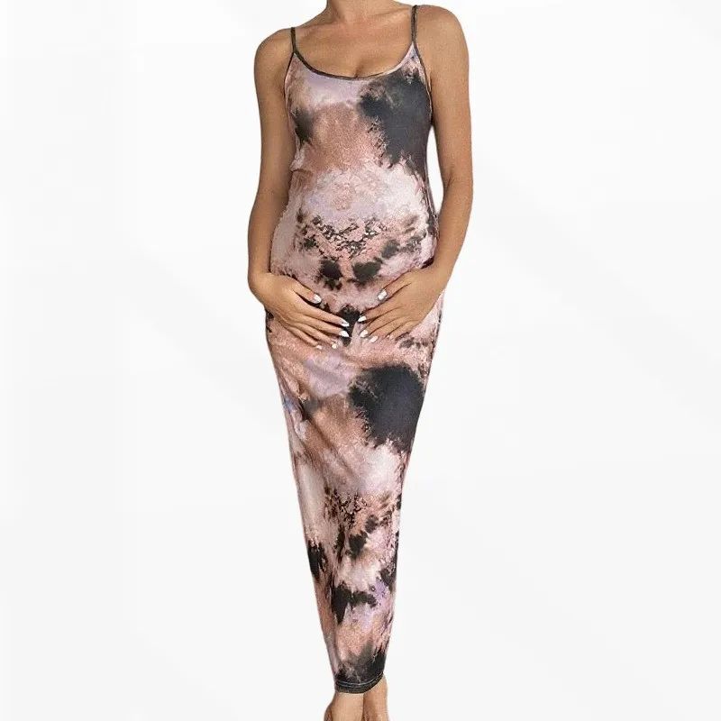 Fashion Maternity Clothing Tie Dye Dress U Neck Backless Slim Fit Butt Lifting Anti Pilling Pregnant Women Dresses S-XL