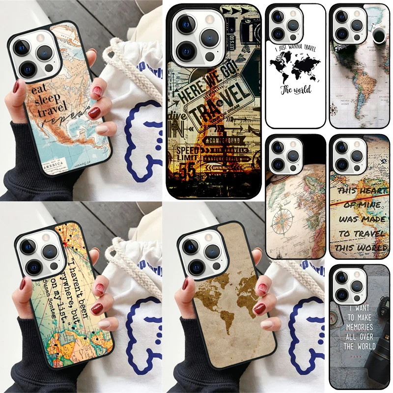 World Map Travel Go Travel Quotes phone Case Cover For iPhone 16 15 14 Plus X XR XS for apple 16 11 12 13 mini Pro Max