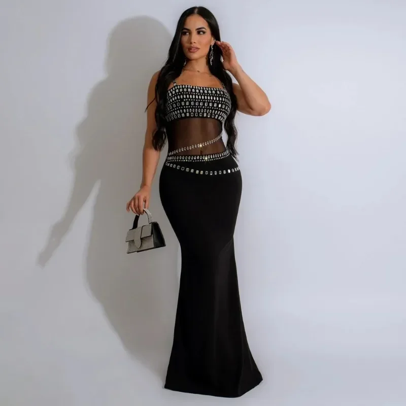 

Women Sexy Diamonds Sheer Mesh Patchwork Bodycon Maxi Evening Party Dress Strapless Spaghetti Straps Backless Clubwear Long Robe