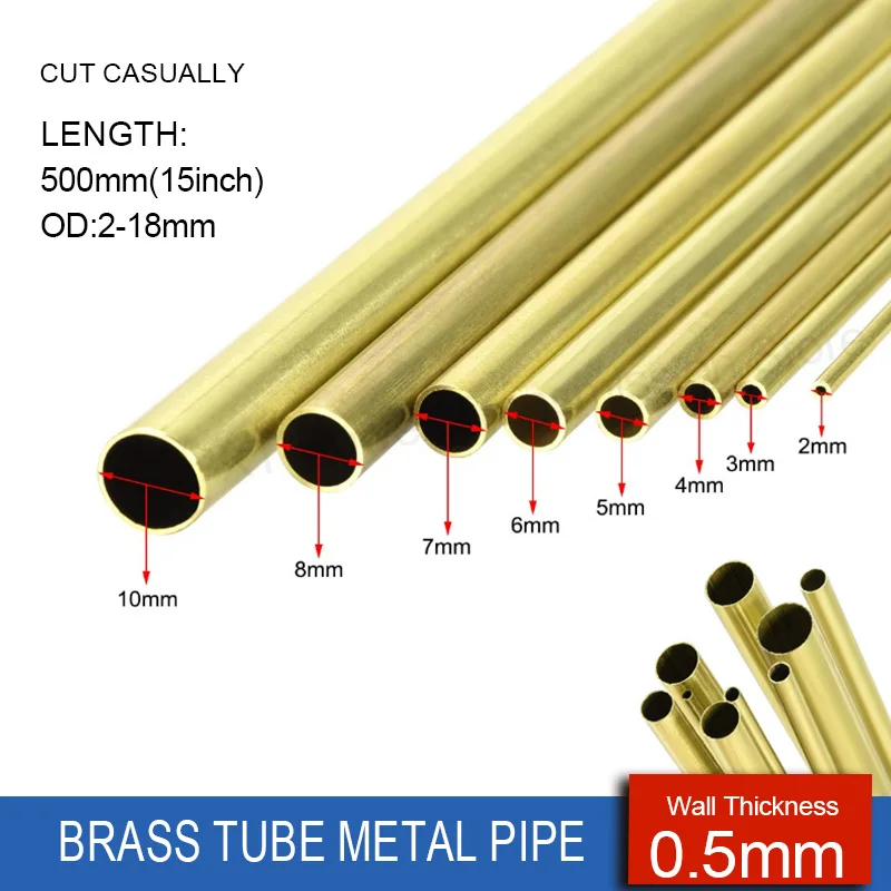 1Pcs Brass Tube OD 2/3/4/5/6/7/8/9/10/11/12/13-18mm Wall Thick 0.5mm Round Pipe Tubing Brass Rod DIY Modelmaking Cutting L=500mm