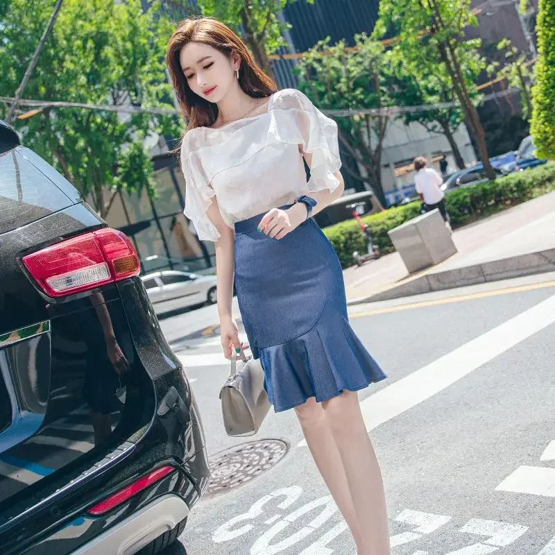 Short Sleeve Commuting Women\'s Two Piece Set Ruffles Mini Skirt Female Outfits Kawaii Lightly Cooked Beach Vintage New Matching