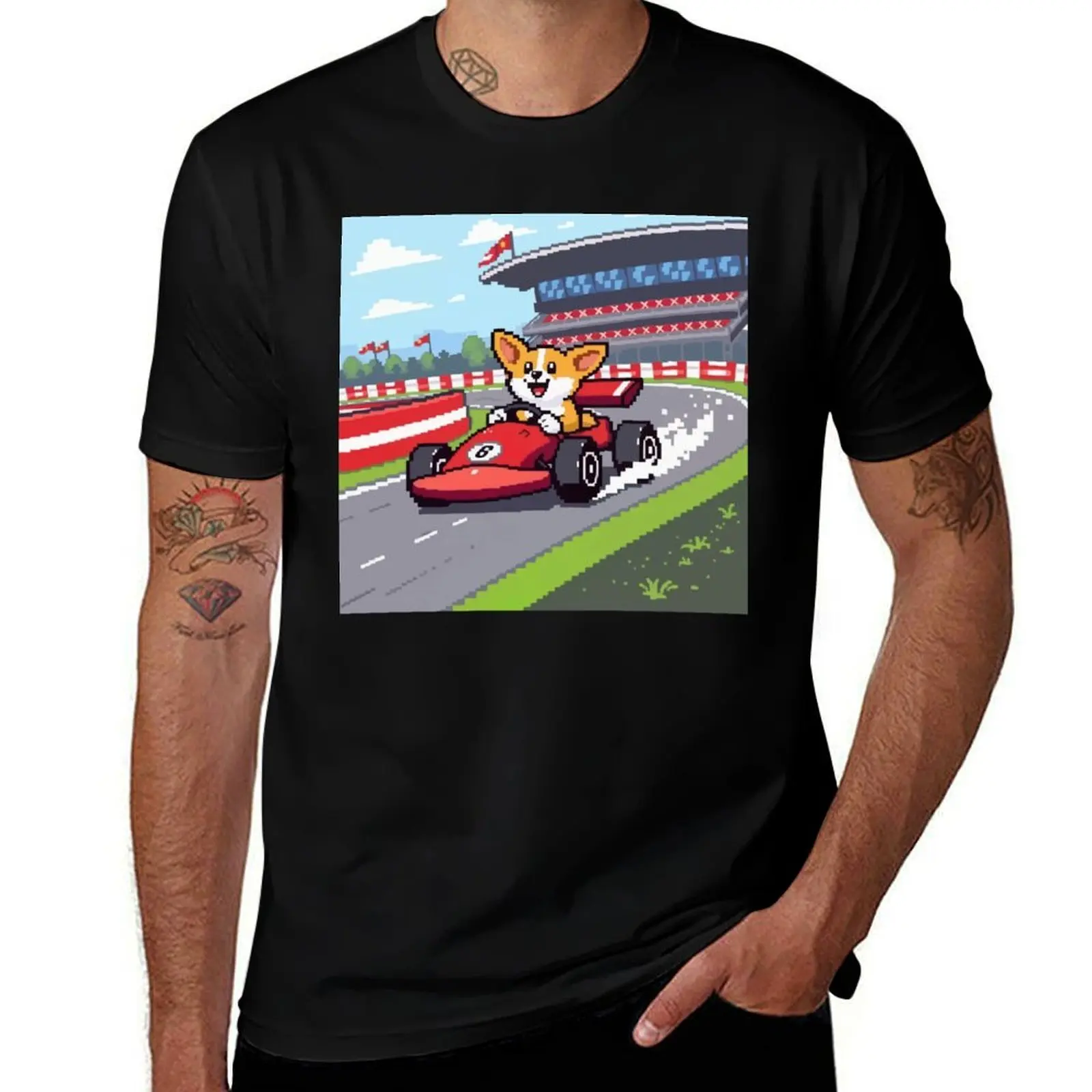 Pixel Zoom Corgi on the Track T-Shirt Sports Casual Short Sleeve Cotton Tee