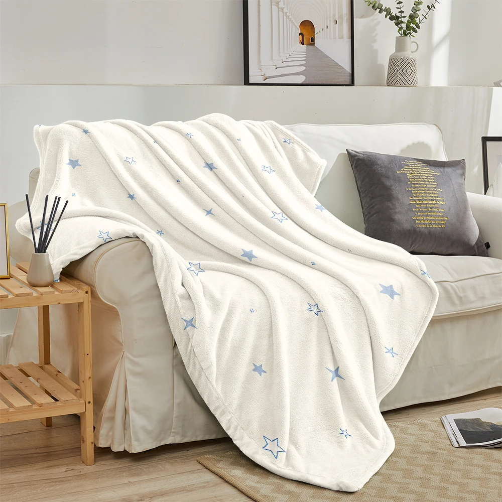 Cream Blue Stars Scattered Super Soft Flannel Blanket Fuzzy Warm Throw Blanket for Bed Couch Cozy Plush Bed Cover All Season