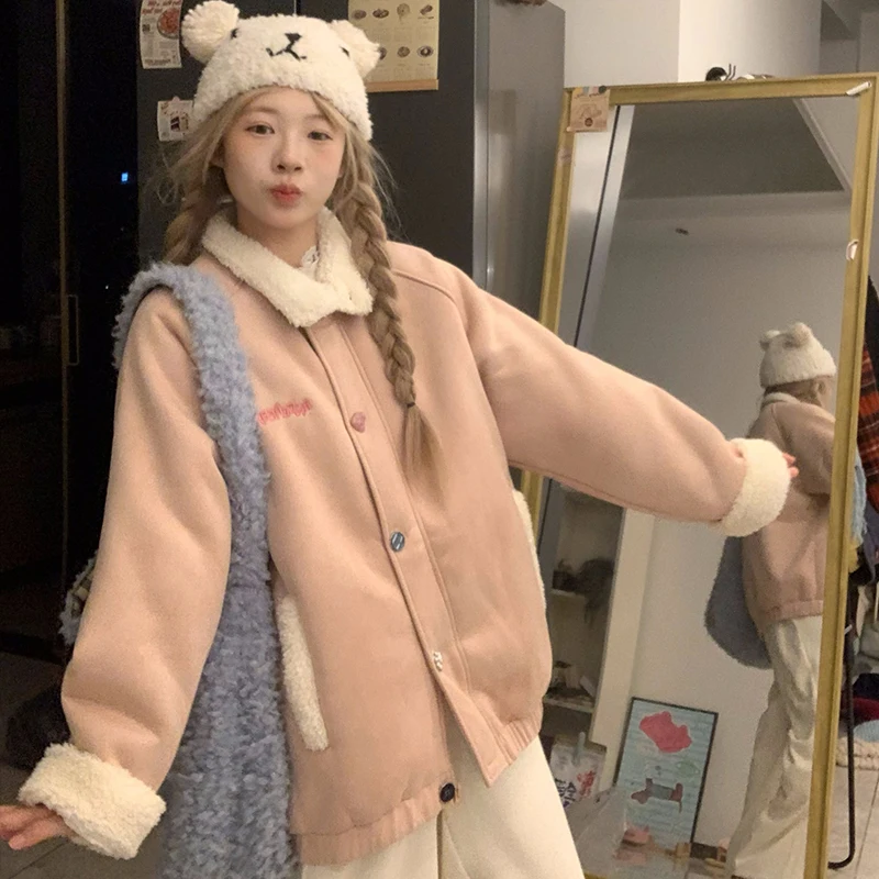 

Утолщенная розовая куртка из овечьего меха, женская осенне-зимняя интегрированная кожа и мех, мягкий стиль, популярное утолщенное хлопковое пальто
