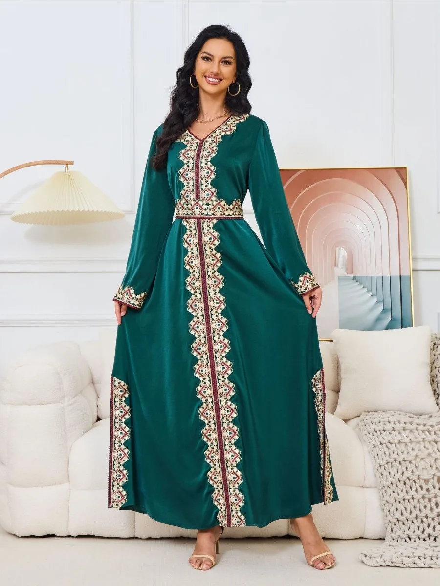 Eid Embroidery Arab Muslim Party Dress for Women Abaya Jalabiya Long Dresses Belted Kaftan Vestidos Dubai Ramadan Gown Robe