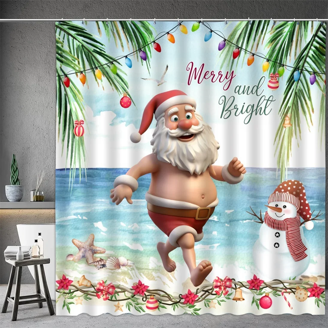 Christmas Shower Curtain, Winter Snowman Santa Claus Snowflake Gnome Farm Truck Berry Christmas Tree Cartoon Bathroom Decoration