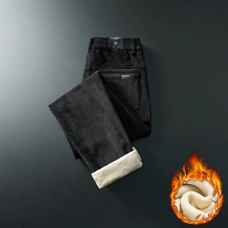 

Winter Fleece Warm Corduroy Fabric Men's Casual Pants Outdoors Business Thick Flocking Plush Black Grey Brown Trousers Male