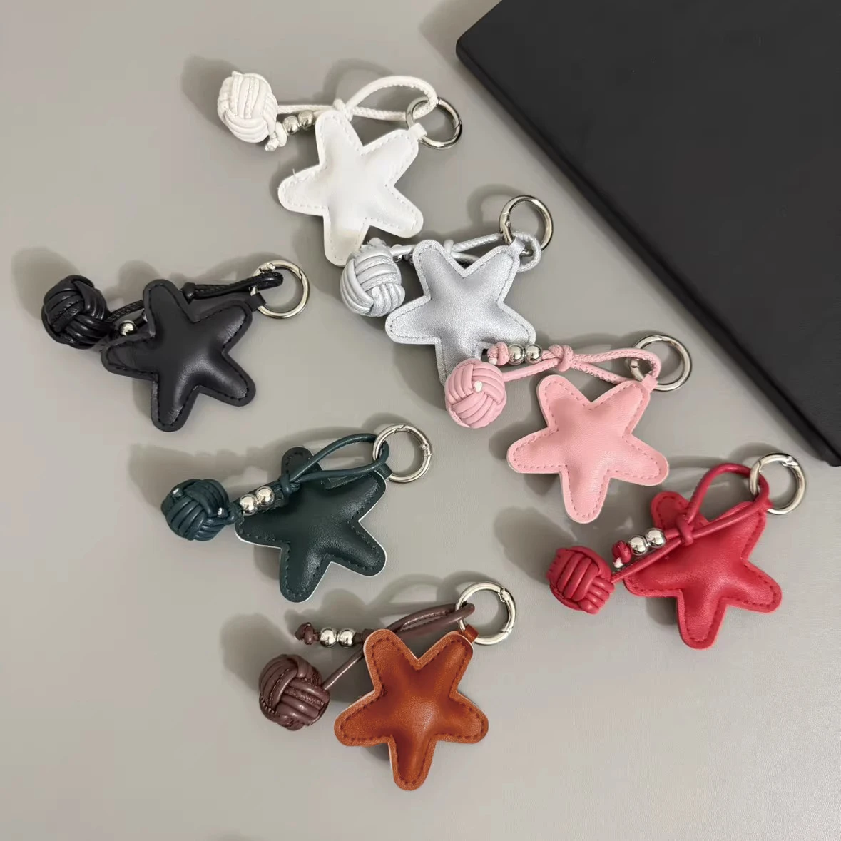Colorful Five-Pointed Star Braided Rope Leather Keychain Cotton Filled Hanging Bag Pendant New Design Star Ball Key Holder