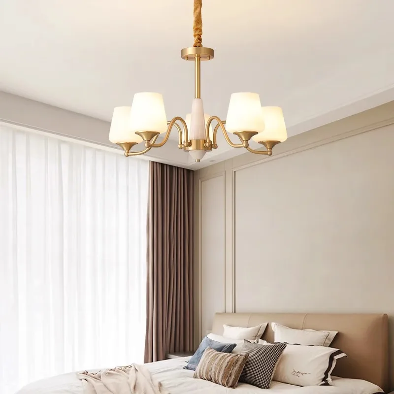 

Copper American Chandelier Living Room High Quality Jade Decorative Light Villa Hotel Brass Glass Lampshade Custom Multiple Lamp