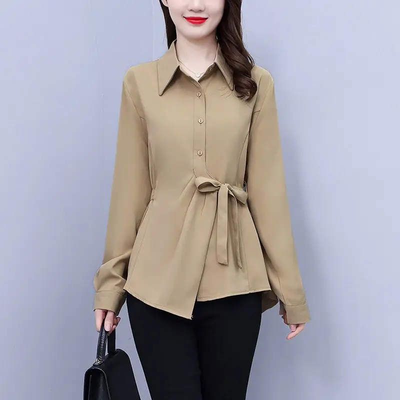 Commute Solid Color Blouse Spring Autumn Polo-Neck Women\'s Clothing Single-breasted Fashion Drawstring Asymmetrical Waist Shirt