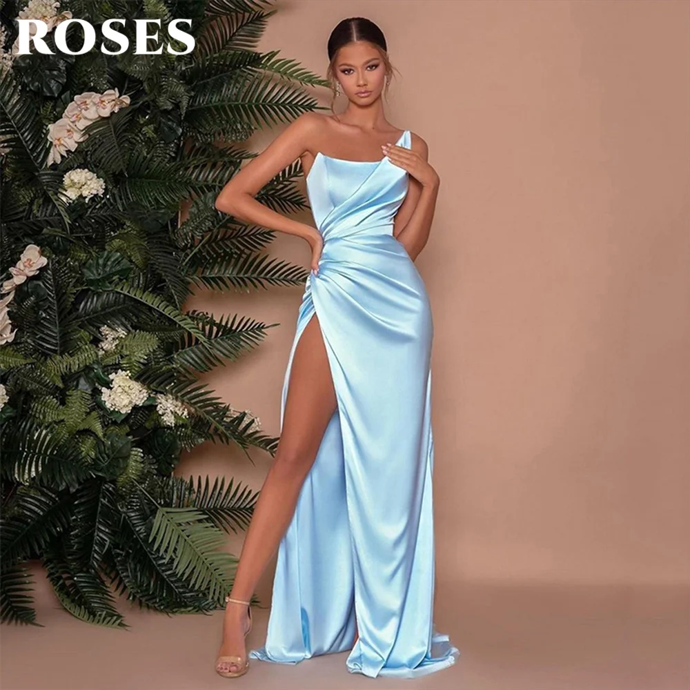 

Simple Sky Sky Blue One Shoulder Satin Evening Dresses Sexy High Split Boat Neck Prom Party Gowns Formal robes de soirée