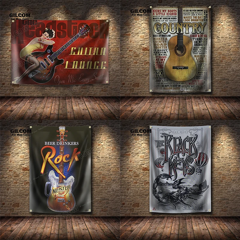 Rock Music Banner Flag Beer Drinkers Instruments Guitar Roll Decor Poster Wall Art Vintage Sign Motor Car Man Cave Pub Club Bar