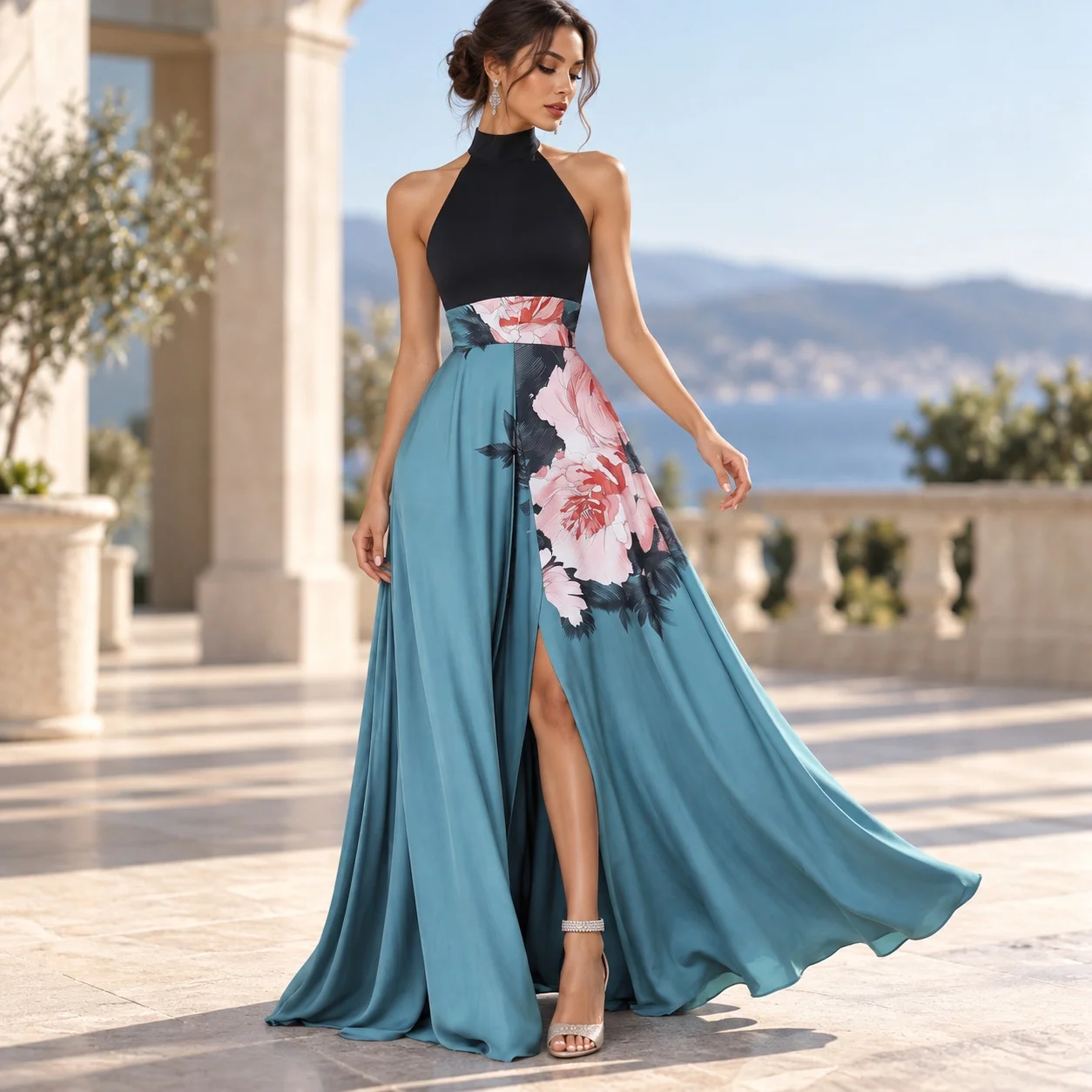 Sleeveless Printed Gown with Maxi Flare Skirt Western Style High Waist Scarf Neck Edgy Street Long Dress Summer for Women