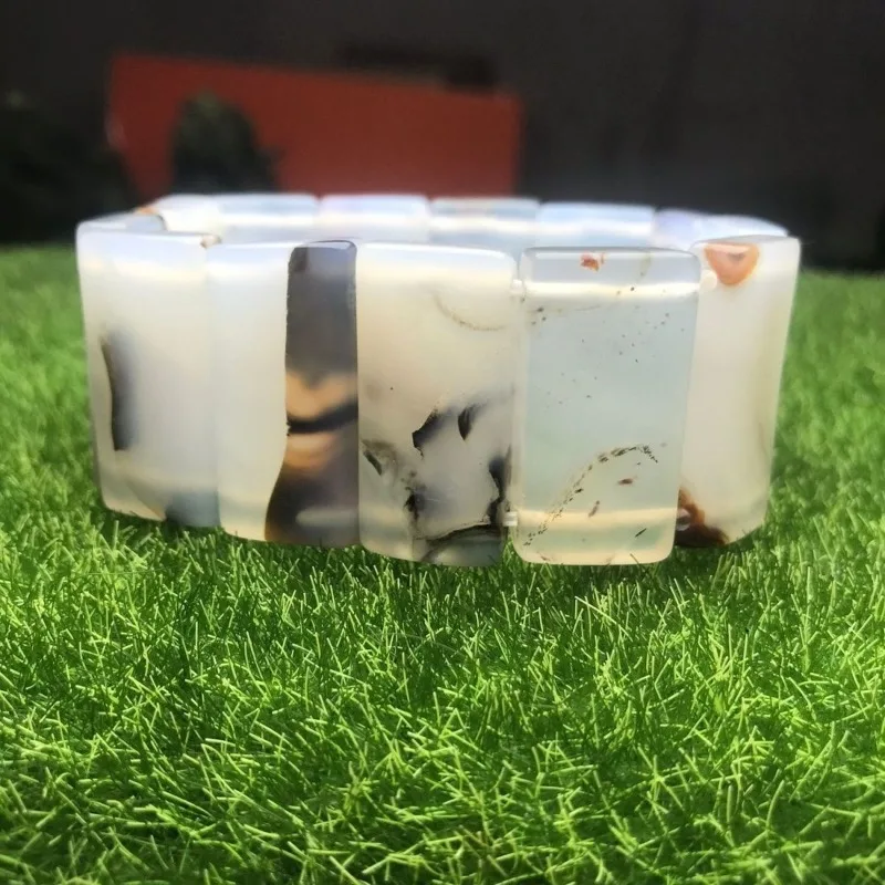 Natural marine chalcedony hand row, genuine aquatic grass primary color agate wide version hand row bracelet for men and women
