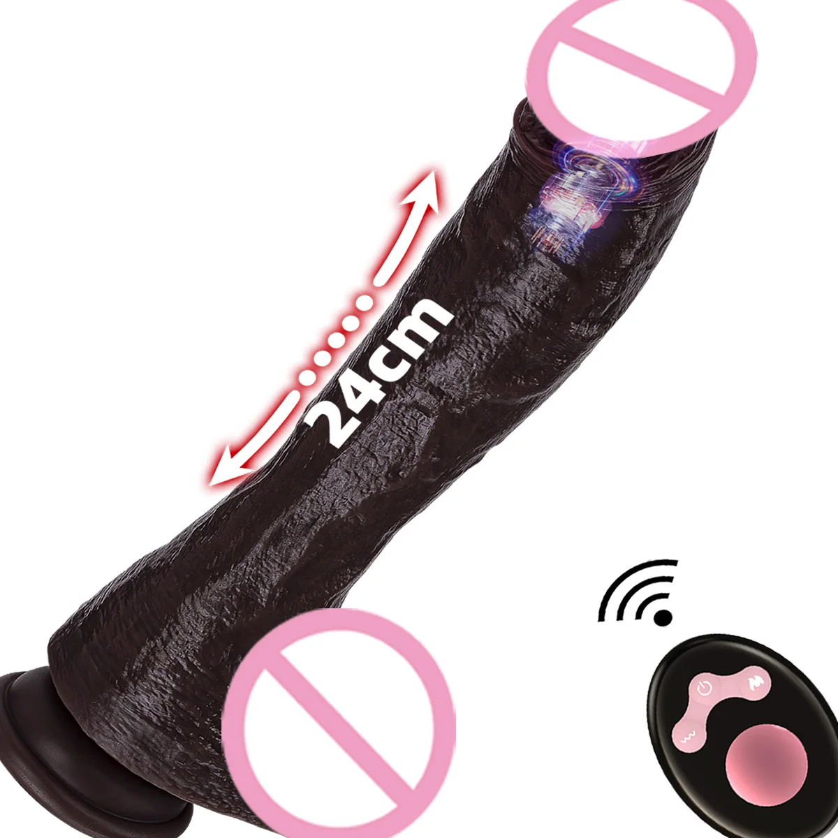 Dildo Negro Grande de 24 cm, Juguete Sexual con Movimiento de Empuje, Vibrador de Pene Realista, Telescópico, con Calefacción, Control Remoto, Juguete Sexual para Mujeres y Lesbianas