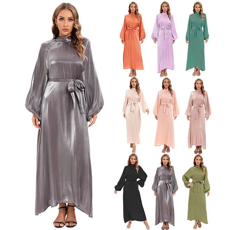 

Dubai Abaya Autumn Elegant Muslim Women Long Sleeve Solid Color Polyester Long Maxi Dress Clothes for Muslim Women Outfits