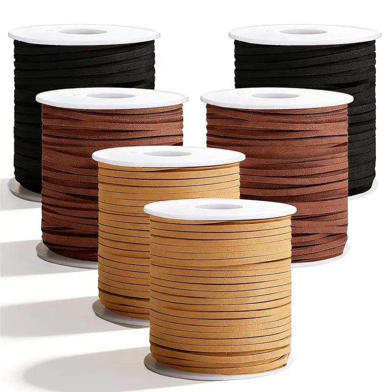 

ABKO-Leather Cord String(Flat), 6 Rolls Suede Leather Shoe Laces For Boots, Leather-Strips For Jewelry Making,Bracelets