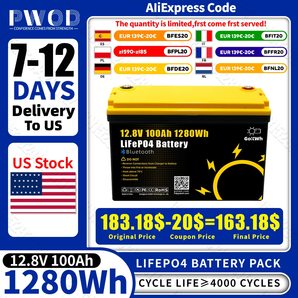 Grade A 12V 100Ah LiFePO4 Battery Pack with BT 12.8V 1280Wh Cell Built in 100A BMS For 24V 48V RV EV Camper Golf Cart Boat