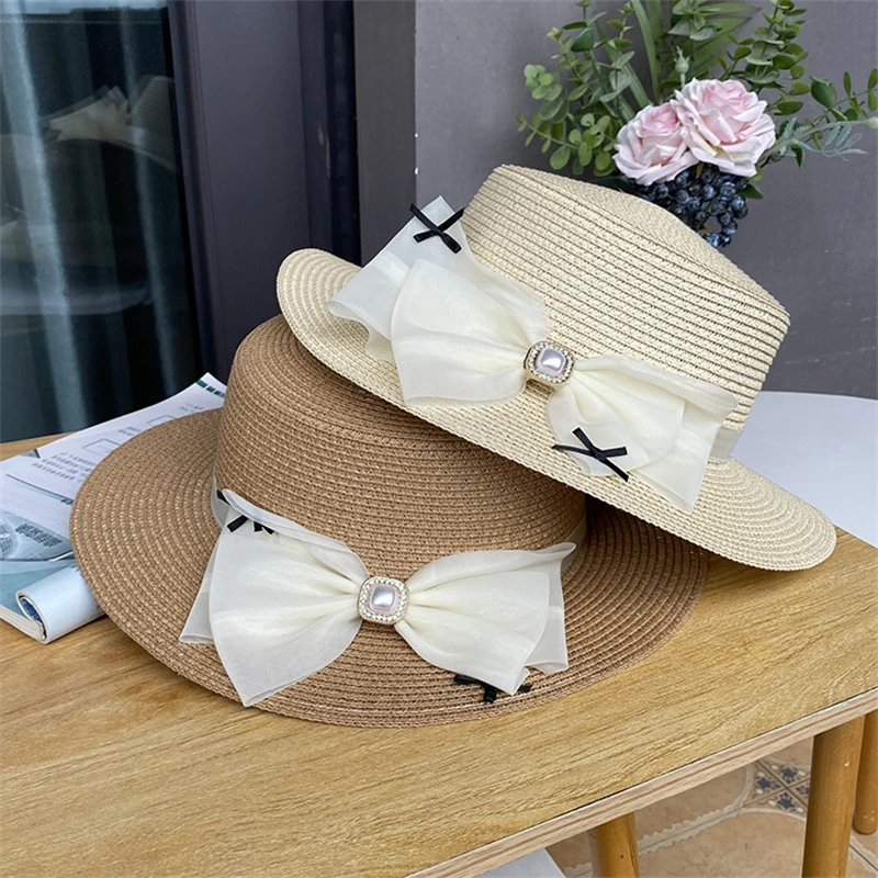 Summer Bowknot Wedding Church Flat Top Hats For Women Travel Sun Visor Cap Ladies Fedora Outdoor Practical