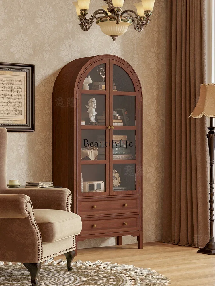 5656American Retro Brown Solid Wood Arched Dustproof Bookshelf Storage Display Cabinet