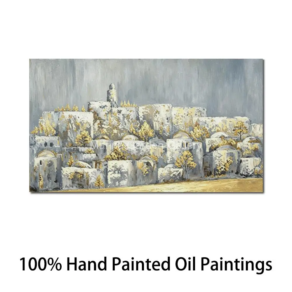 Jerusalem Skyline Abstract Jewish Canvas Wall Art Hand Painted Textured Oil Painting Holy City Landscape for Judaic Living Decor