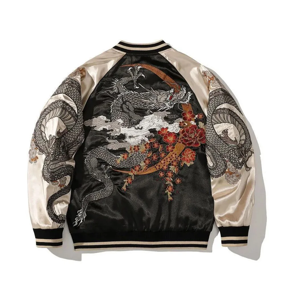 Men\'s Jackets Retro Chinese Dragon Embroidered Trendy Baseball Jacket Contrast Bomber Streetwear Loose Fit Jacket Men\'s Clothing