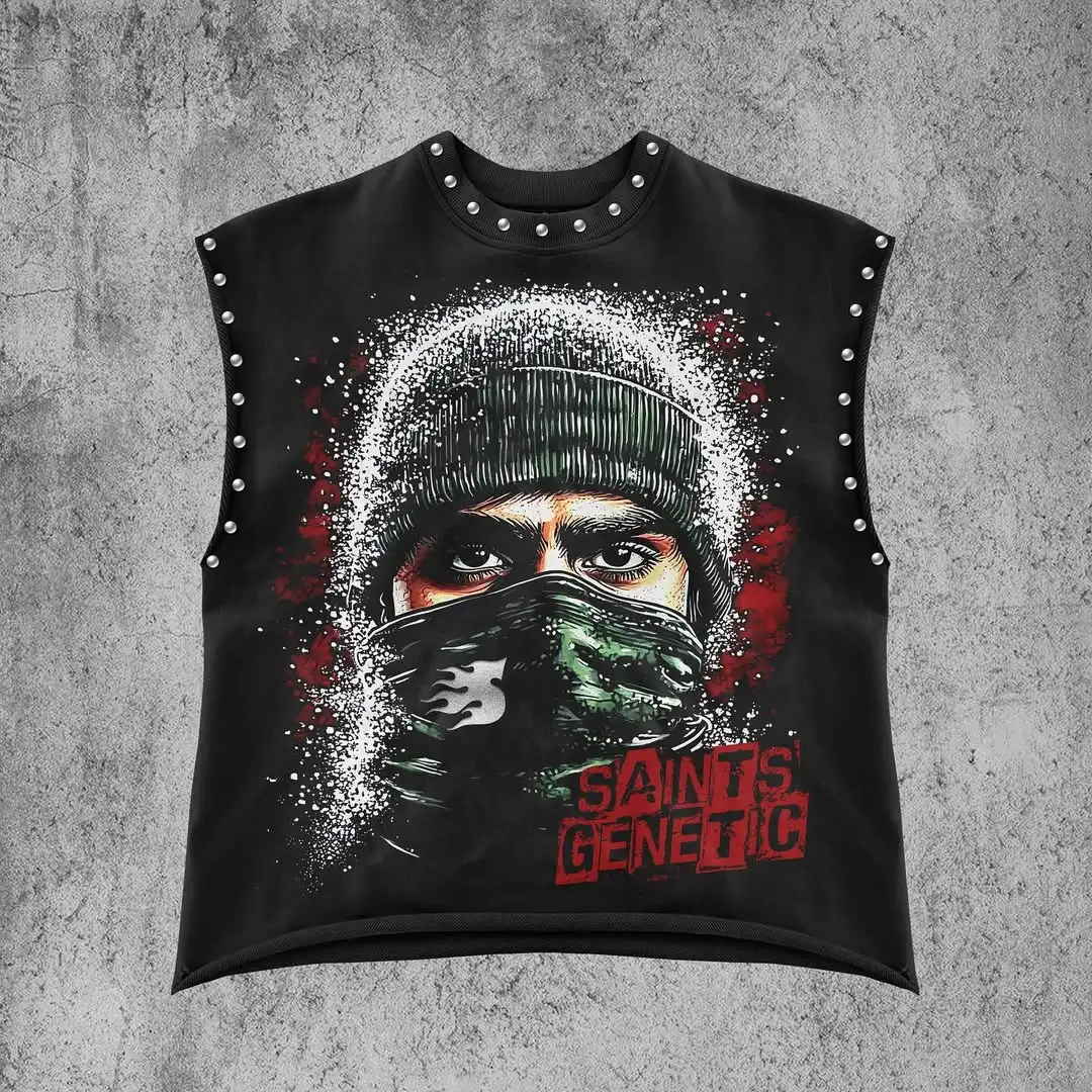Y2K Hip-Hop Streetwear, lockeres ärmelloses Herren-Sommer-Tanktop, modisches Retro-T-Shirt mit amerikanischem Graffiti-Print und lässigem Nieten-Design, hehe – Detail 6
