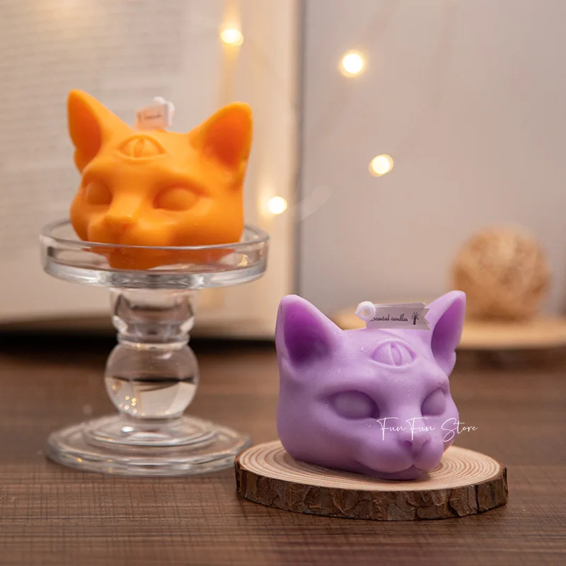 Three Eyes Cat Head Silicone Candle Mold 3D Animal Soap Plaster Resin Decorative Crafts Making Kit DIY Chocolate Ice Baking Kit