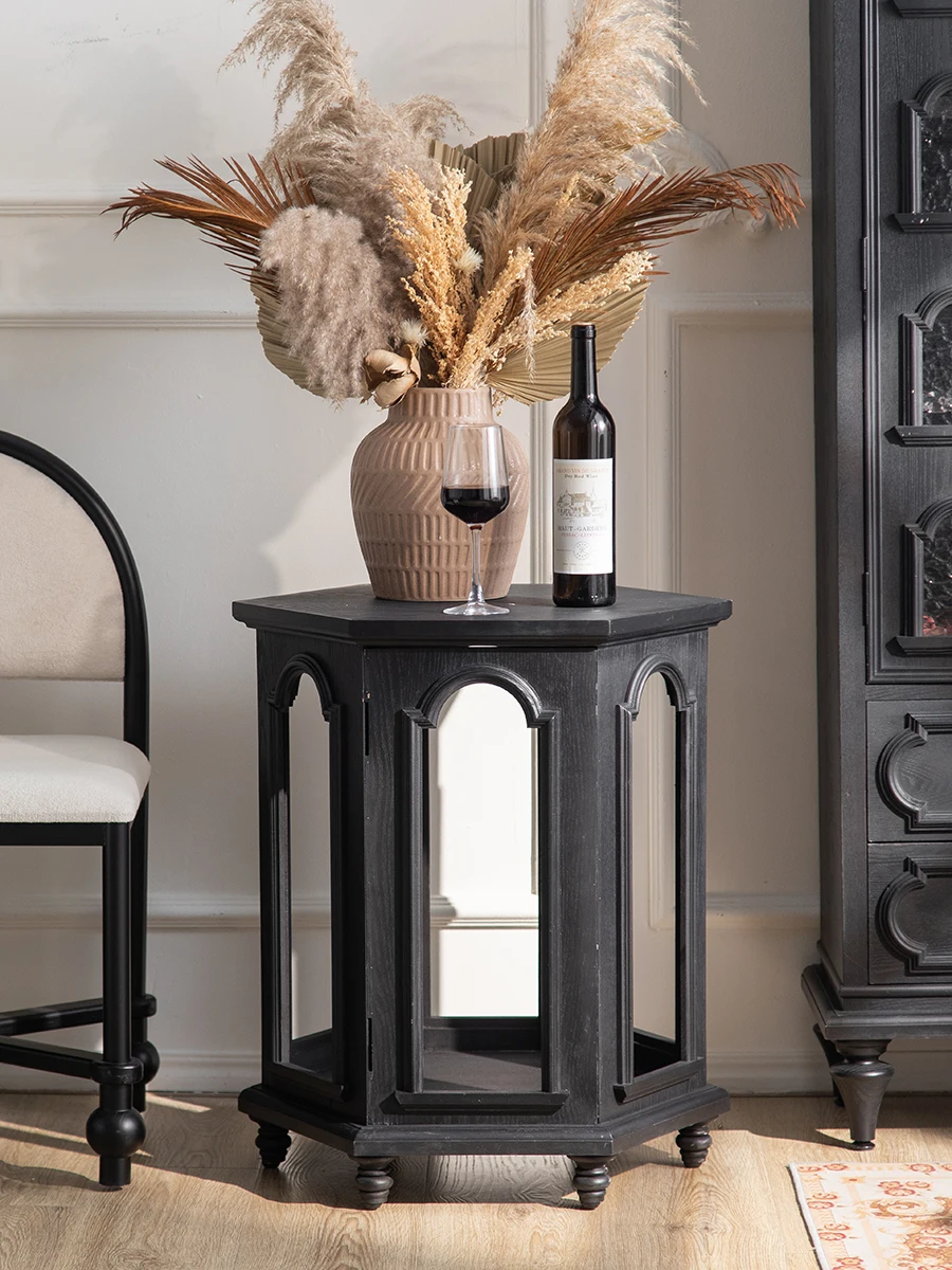 Stylish Hexagon Shape Black End Table with Arched Design, Perfect for Living Room Between Sofas