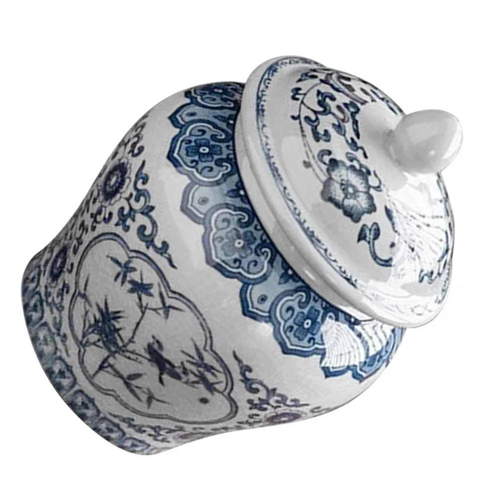 Blue and White Ceramic Tea Jar Vintage Chinese Pottery Design Moisture Proof Airtight Canister for Tea Leaves Home Decor Accent