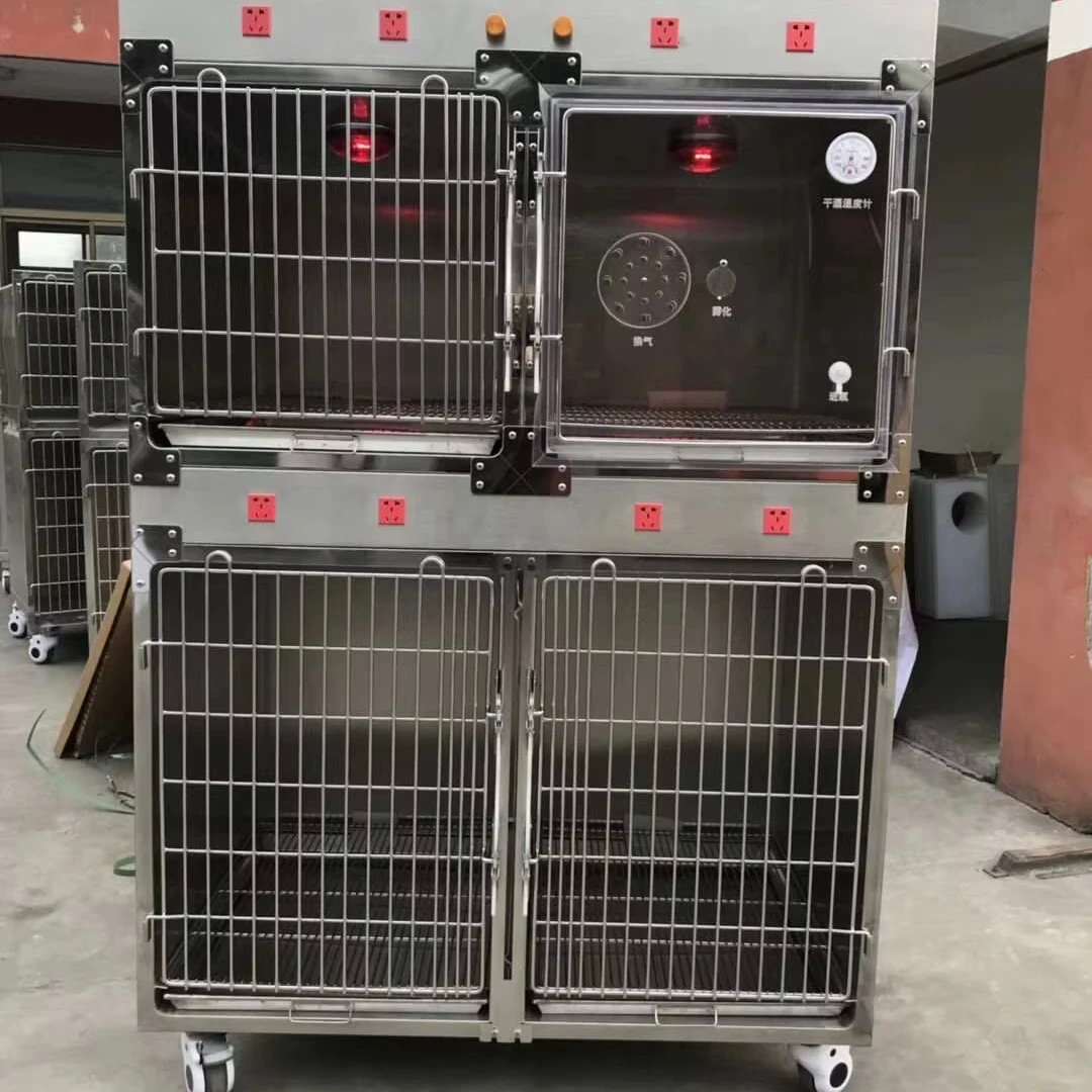 MT Medical 304 Stainless Steel Pet Cage Inpatient Oxygen Room Powered Cages with IV Pole and Heating Lamp Cage