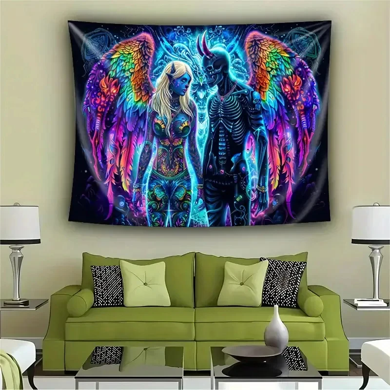 VIKAMA Blacklight Tapestry Psychedelic Skull and Angel with Rainbow Wings Wall Hanging Background Cloth for Home