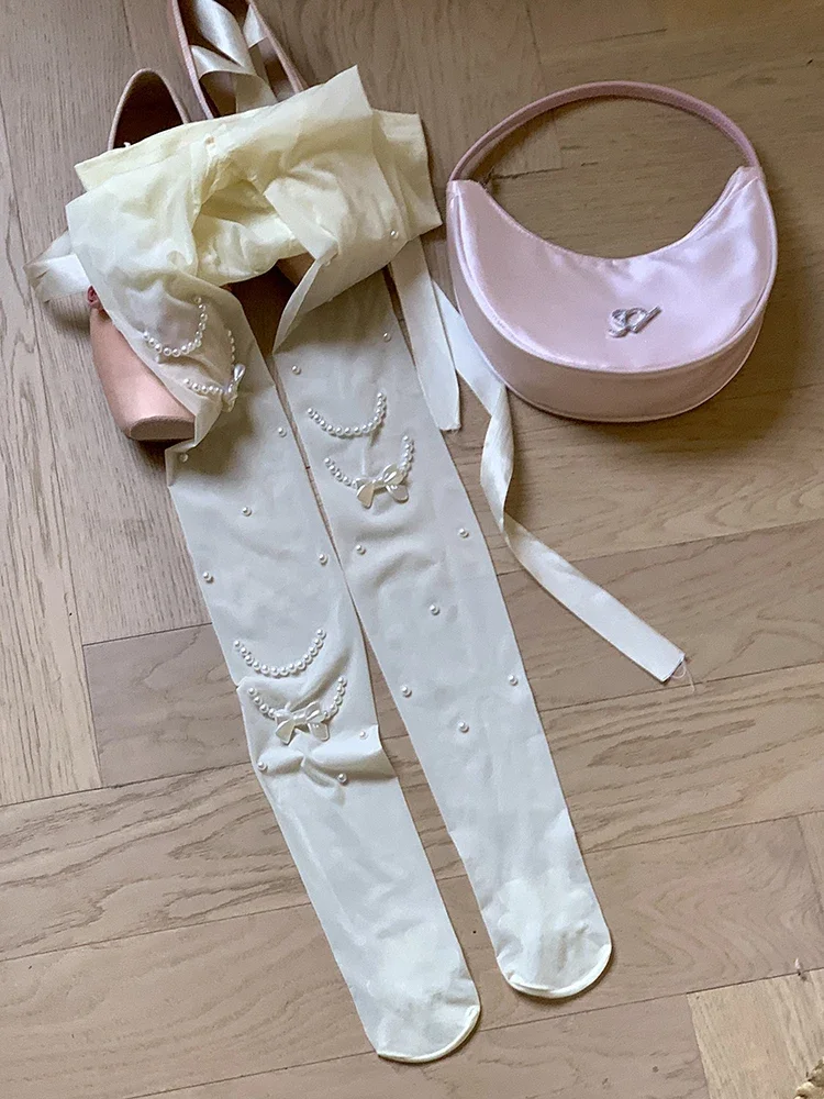 Pearl Tights Japanese Jk White Thin Pantyhose Sweet Bow Stockings 2025 Spring New Chic Women Socks Lolita Aesthetics