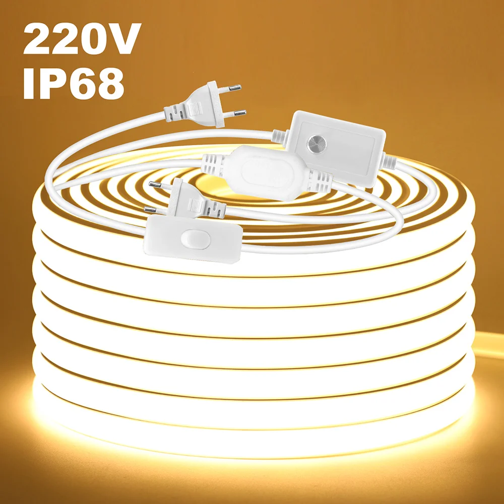 IP68 Waterproof COB Led Strip Light 220V Dimmer Switch Power Kit 10m 20m 50m 100m 288 LEDs Flexible Lamp 3000K 4000K 6000K 0.5m