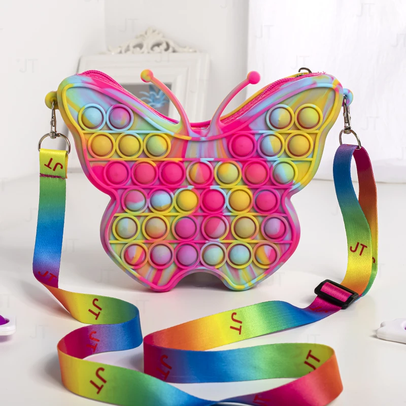 Bolso de hombro de mariposa con nube de arcoíris Pop Itting, monedero para niñas, juguete sensorial Fidget, bolso de hombro de silicona Push